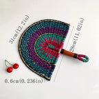 Teal & Magenta woven fan, about 31 x 28 cm