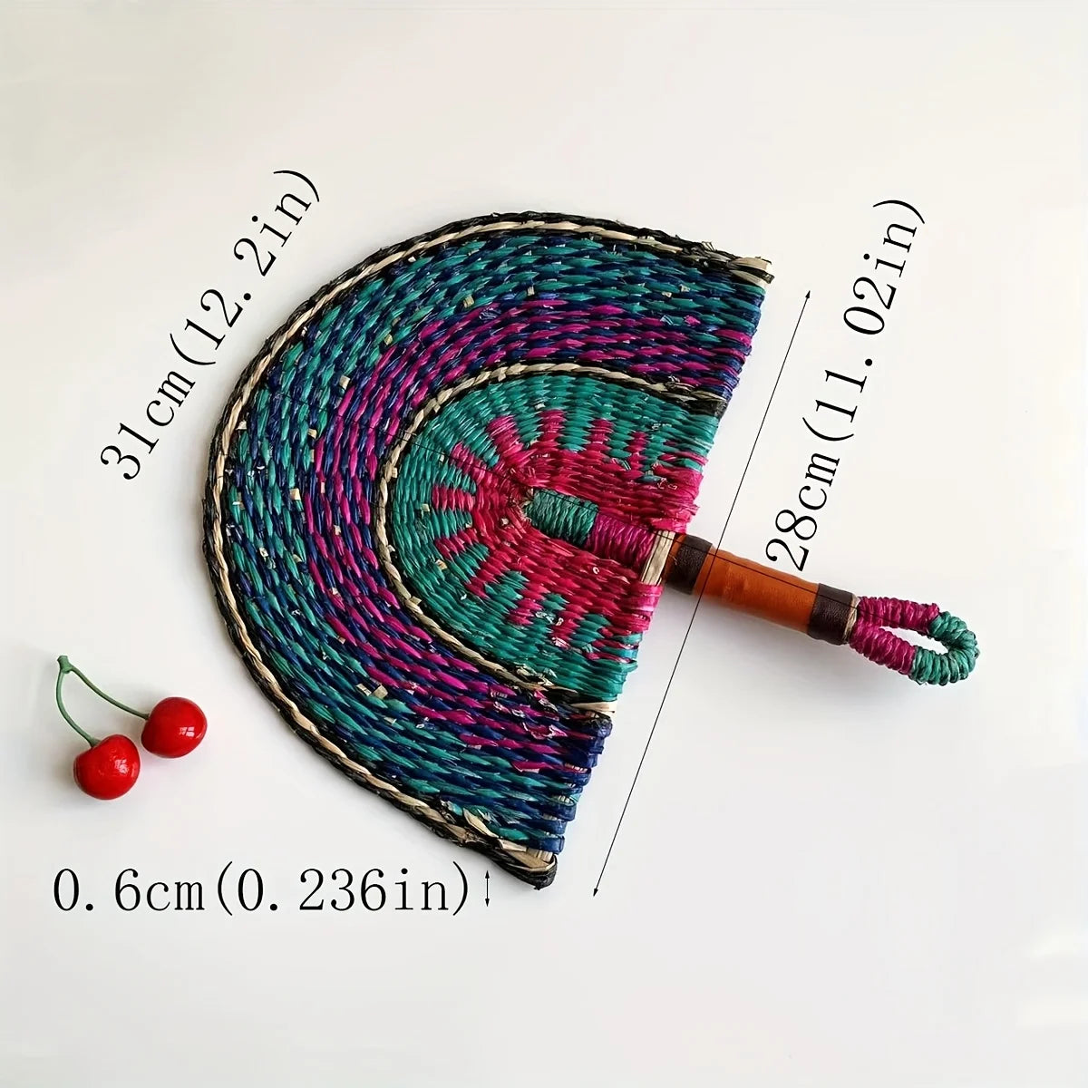 Teal & Magenta woven fan, about 31 x 28 cm