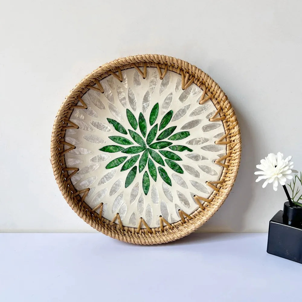 Capiz Shell Mosaic Woven Rattan Tray — Filipino-Inspired Wall & Serving Décor