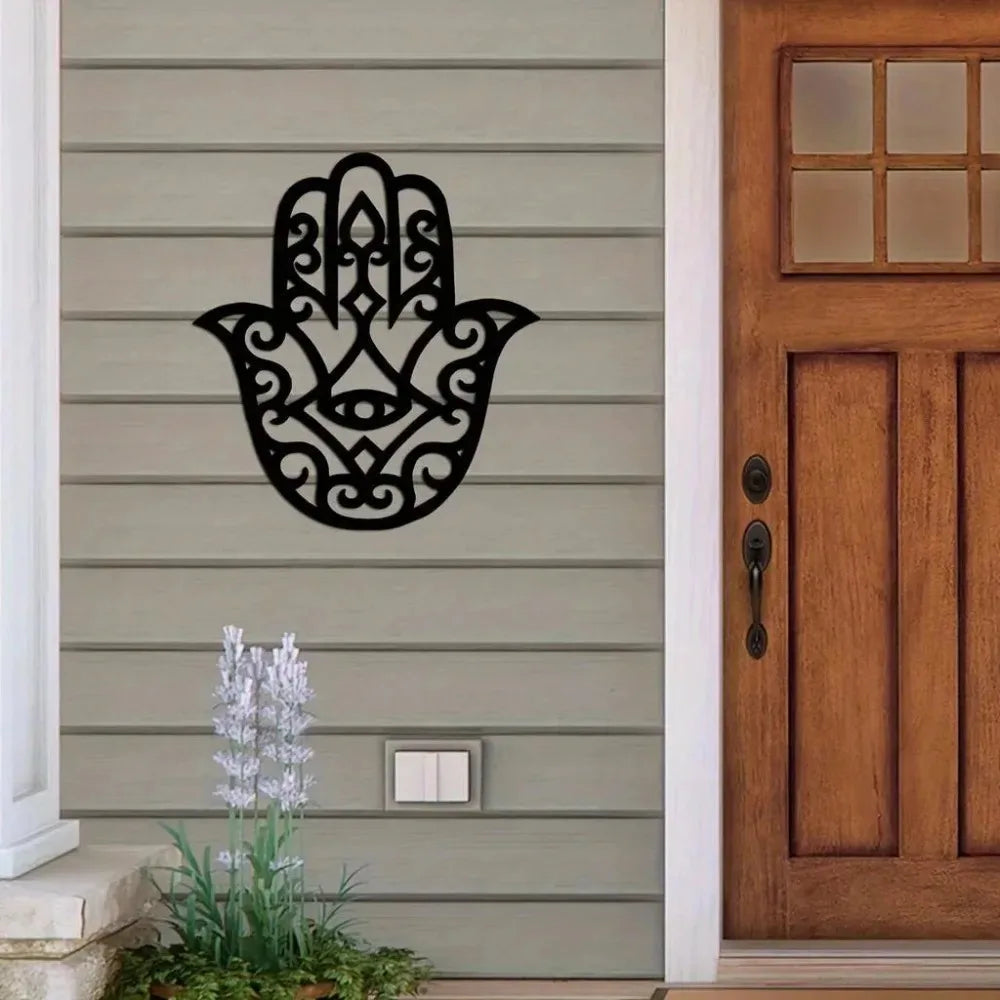 Moroccan Khamsa Cutout Wall Art — Black Metal Hand of Fatima Sign