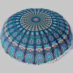Indian Mandala Round Floor Cushion Cover — Boho Pom-Pom Pouf Cover