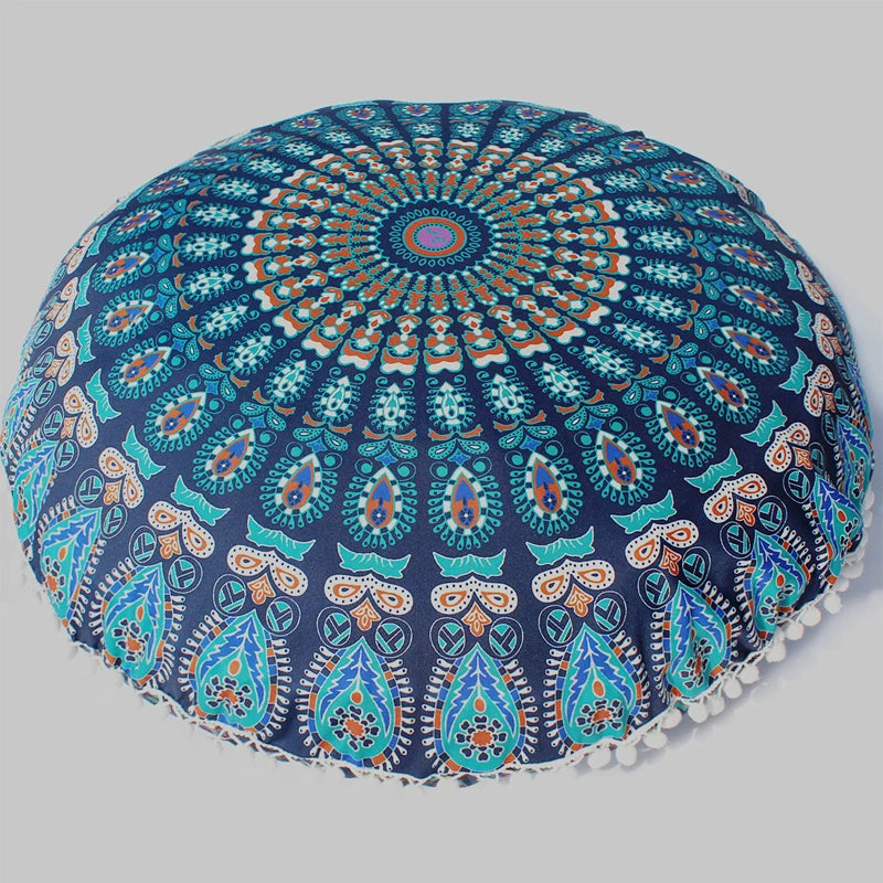 Indian Mandala Round Floor Cushion Cover — Boho Pom-Pom Pouf Cover