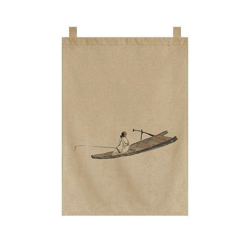 Japanese Tea Room Noren Curtain — Koi Fish & Kanji Calligraphy Panel Set
