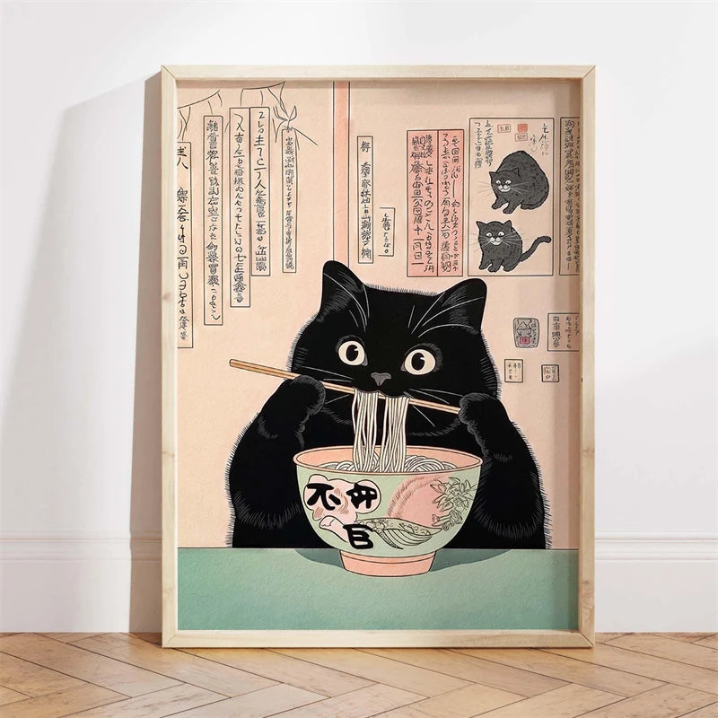 Japanese Ukiyo-e Style Funny Black Cat Bathroom Poster Print Canvas Painting Wall Art Picture for Kitchen Bathroom Home Decor