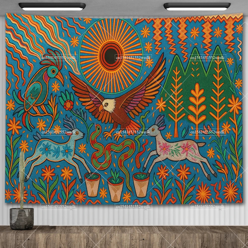 Huichol-Inspired Mexican Yarn Art Tapestry Wall Hanging – Vibrant Mandala Home Decor
