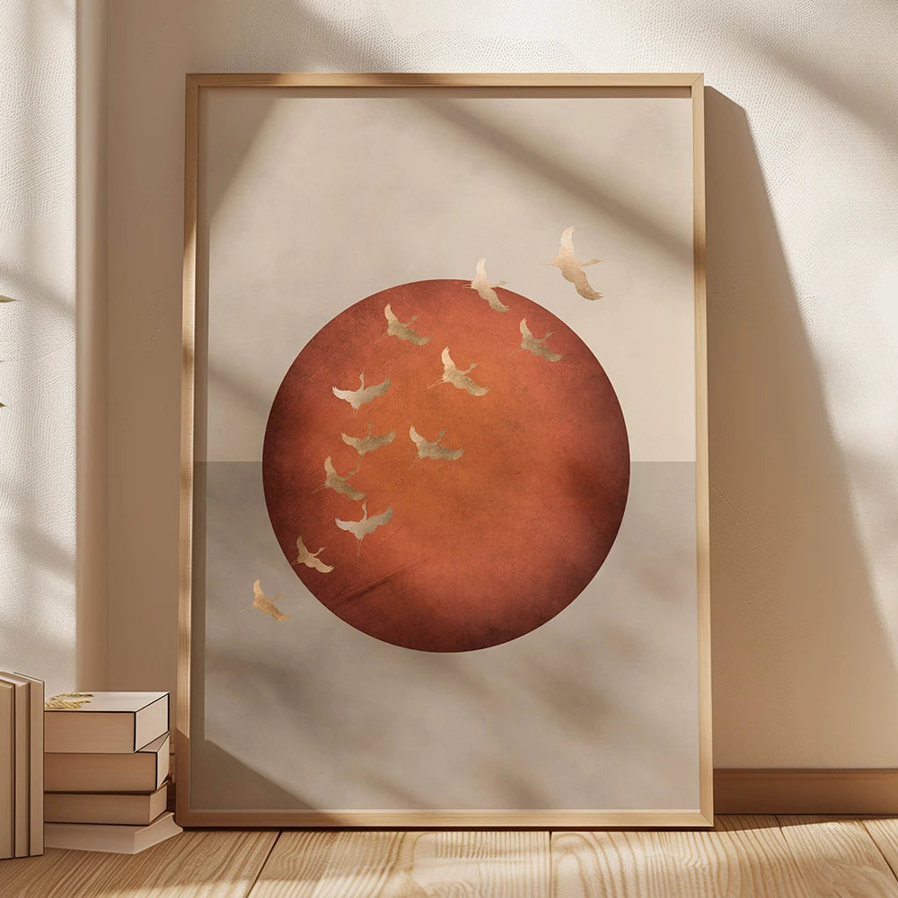 Sage Green Gold Japandi Art Print Flying Birds Wall Art Abstract Sun Art Living Room Decor Japanese Wall Art Bedroom Decor Gift