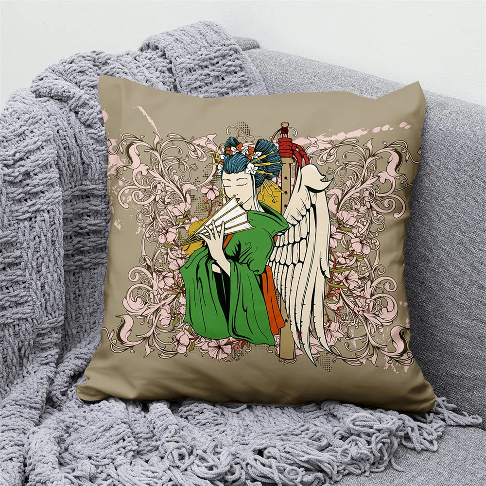 Lucky Cat & Mount Fuji Cushion Cover — Japanese Art Pillow