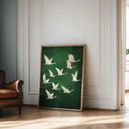 Japandi Flying Birds Wall Art — Sage Green & Gold Print