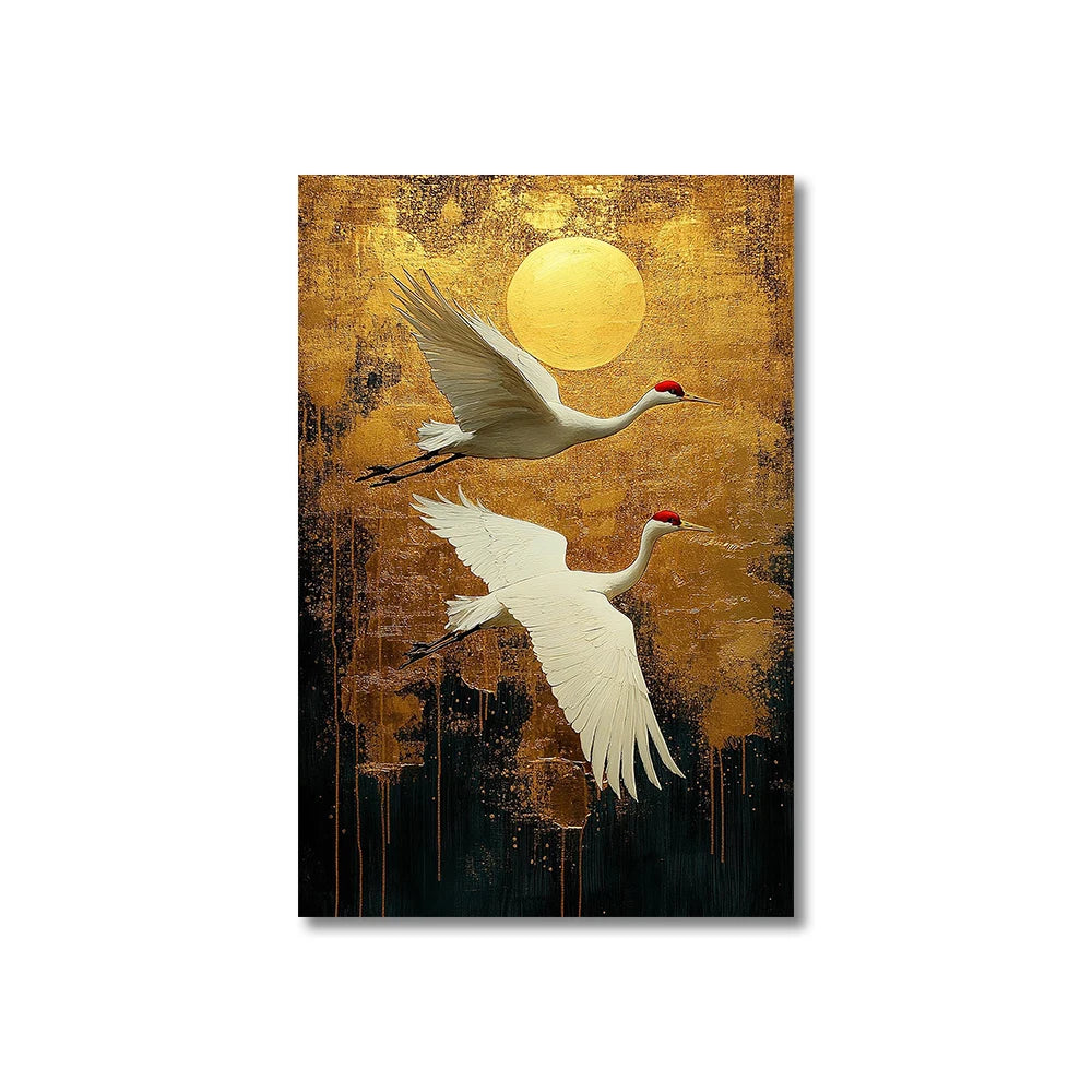 Sage Green Gold Japandi Art Print Flying Birds Wall Art Abstract Sun Art Living Room Decor Japanese Wall Art Bedroom Decor Gift