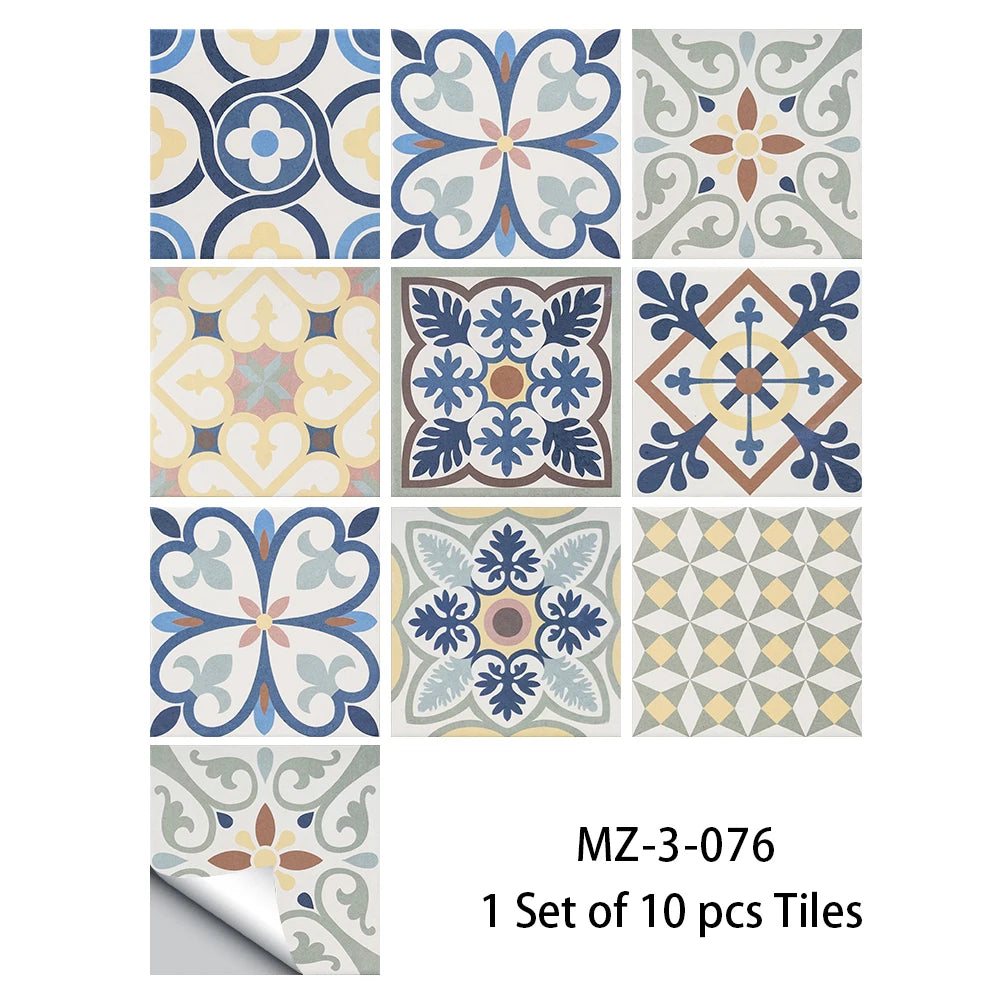 10pcs Bohemian Style Tiles Floor Wall Sticker Kitchen Bathroom Anti-skid & Wear-resistant Peel & Stick Ground Art Wall Decals