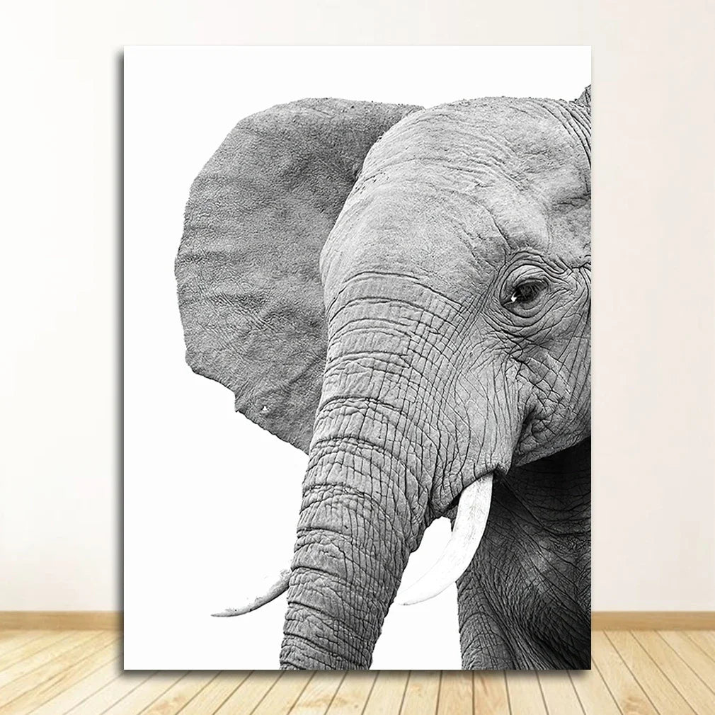 Kids Room Wall Art Poster - Black & White Safari Animals Print Featuring Lion Zebra & Elephant - Canvas Decoration for Nursery