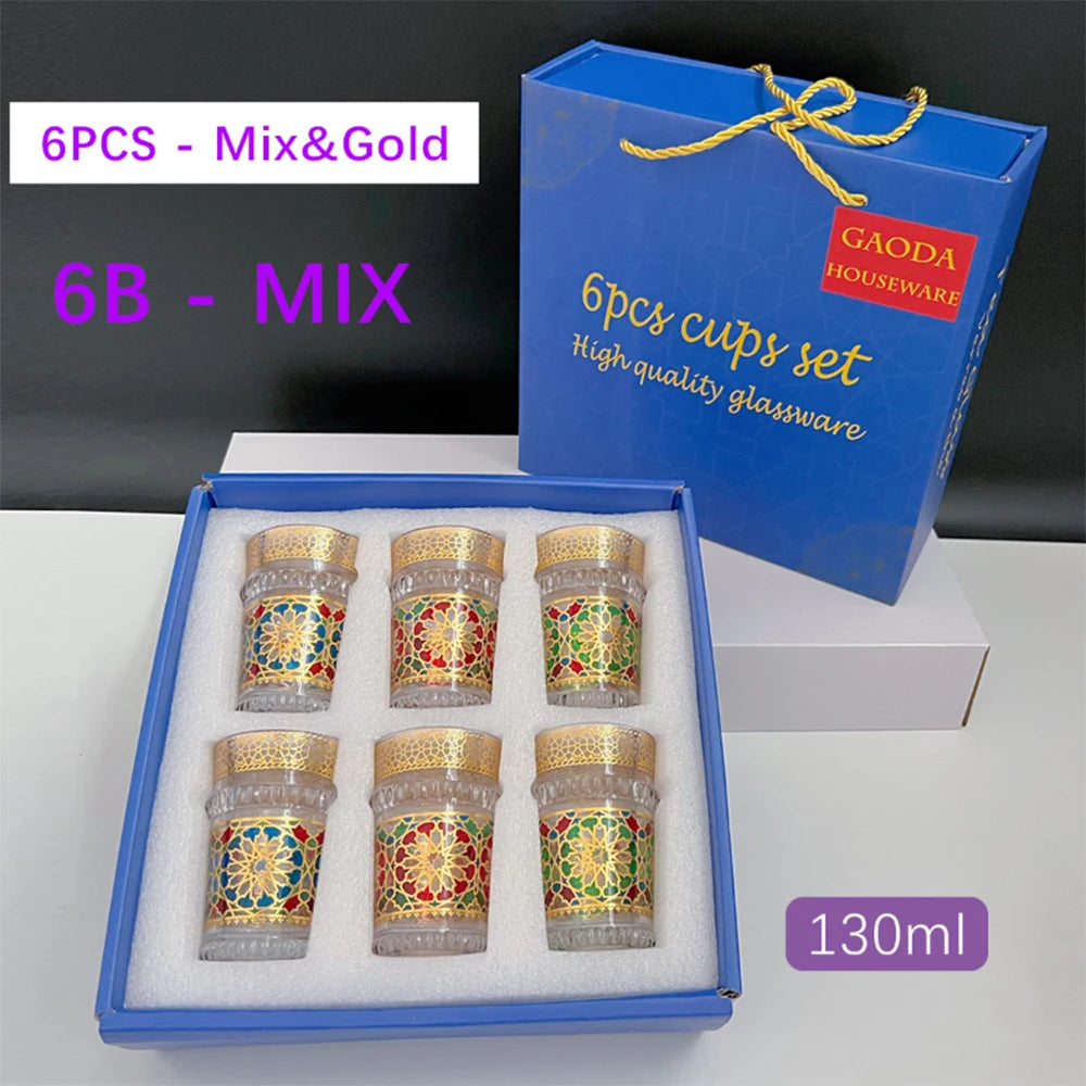 Moroccan Colored Glass Tea Cup Set — 6-Piece Arabic Drinking Glasses
