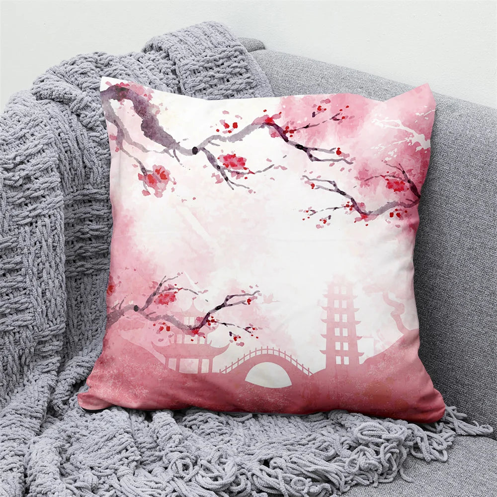 Lucky Cat Japanese Style Sofa Bed Decorative Pillow Cover Home Decor Mount Fuji  Art Cushion