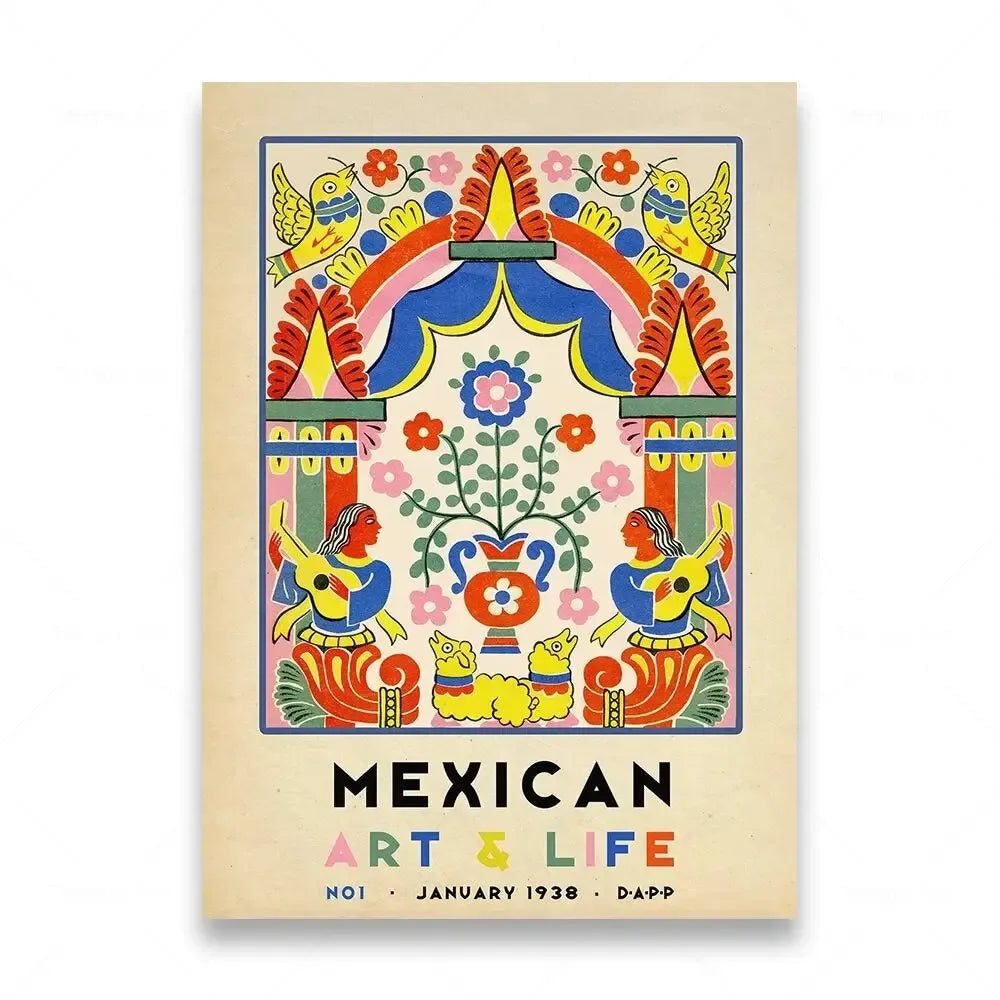 Mexican Folk Art Canvas Print — Vintage-Style Wall Art Poster