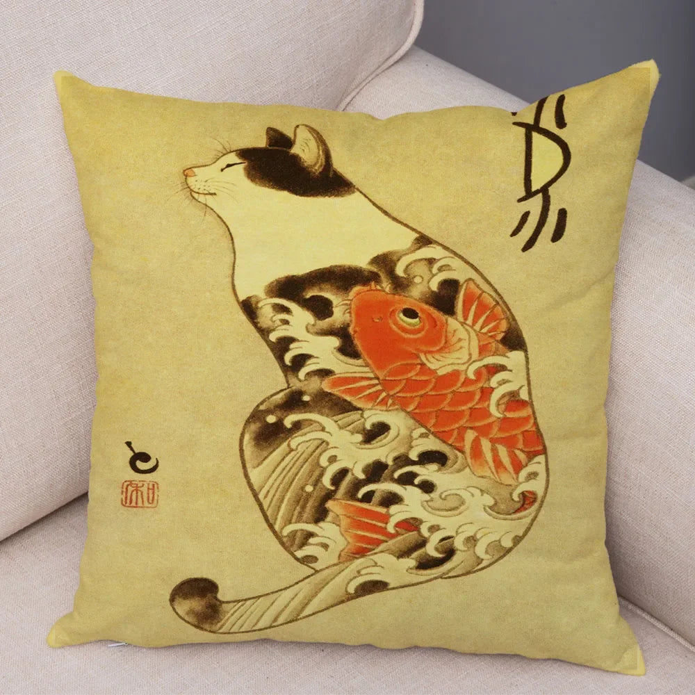 Vintage Japanese Samurai Cat Tattoo Cushion Cover Decor Retro Animal Pillowcase Sofa Home Car