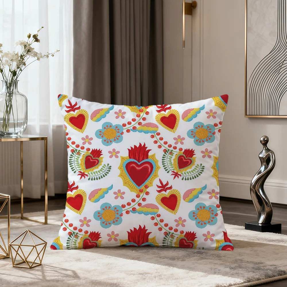 Milagro Sacred Heart Pillow Cover — Mexican Folk Art Cushion Cover