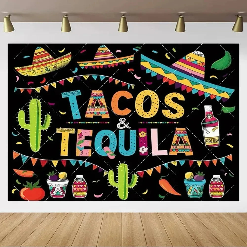 Mexican Fiesta Photo Backdrop — Cinco de Mayo Cactus & Guitar Party Banner