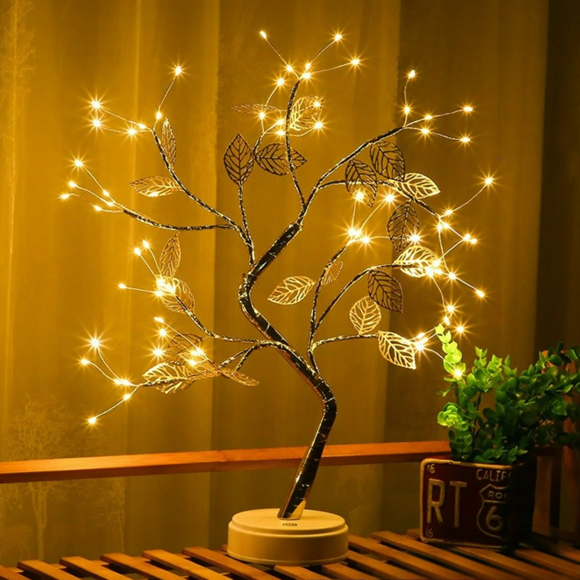 Golden Leaf and Cherry Blossom Table Tree Night Light Touch Switch USB/Battery Powered Artificial Bonsai for Home Decoration