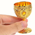 Vintage Embossed Metal Wine Goblet — Gemstone Accent Decorative Cup