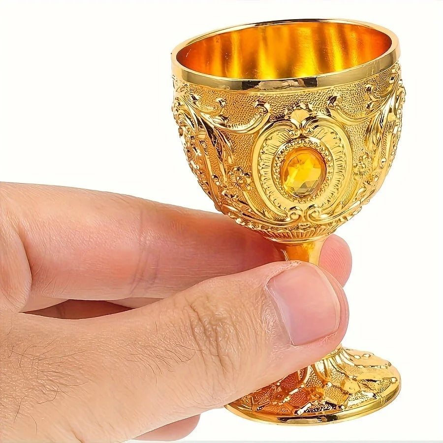 Vintage Embossed Metal Wine Goblet — Gemstone Accent Decorative Cup