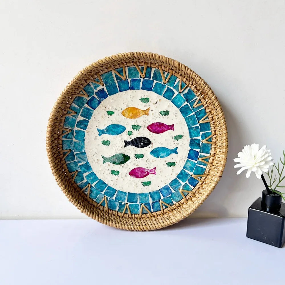 Capiz Shell Mosaic Woven Rattan Tray — Filipino-Inspired Wall & Serving Décor