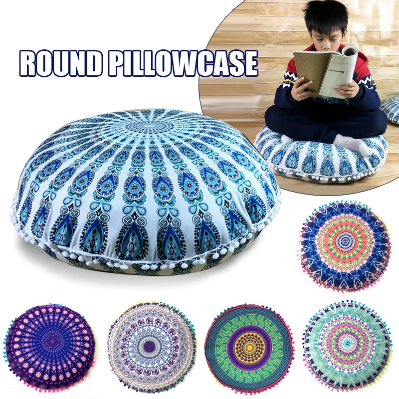 Indian Mandala Round Floor Cushion Cover — Boho Pom-Pom Pouf Cover