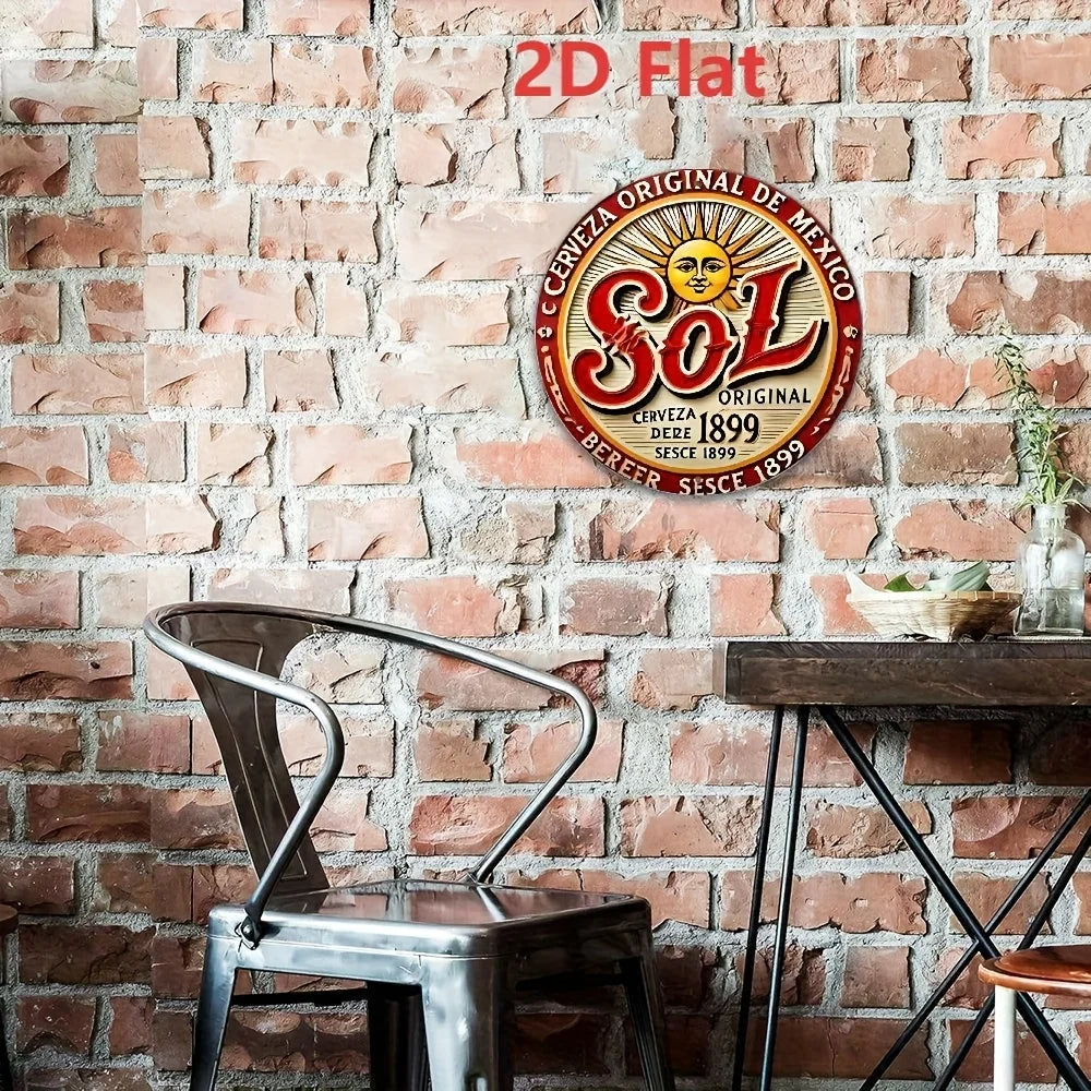2D Flat "Sol Cerveza Original" Round Tin Sign - Vintage Mexican Beer Sun Logo Metal Wall Decor for Bar, Man Cave, Garage, Beer L