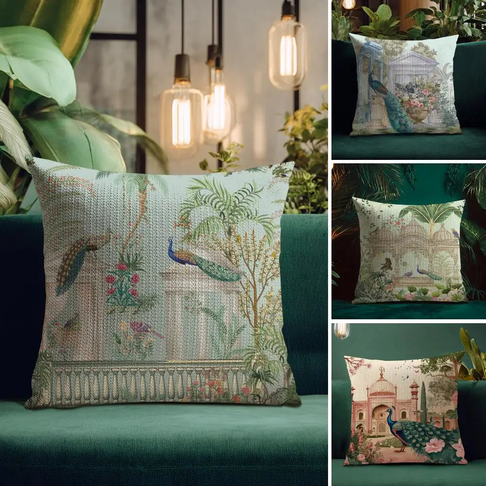 Taj Mahal Peacock Garden Cushion Cover — Mughal-Inspired Decorative Pillowcase