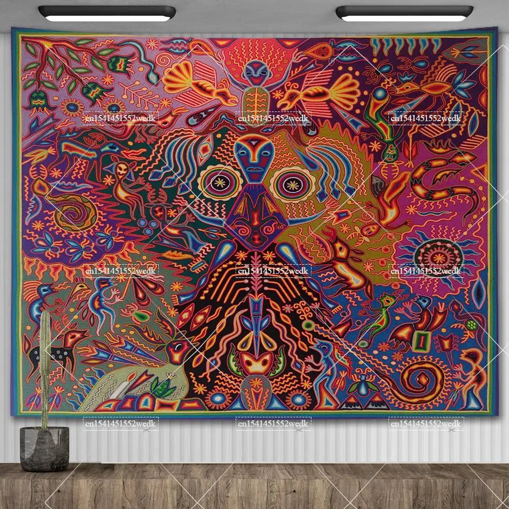 Huichol-Inspired Mexican Yarn Art Tapestry Wall Hanging – Vibrant Mandala Home Decor