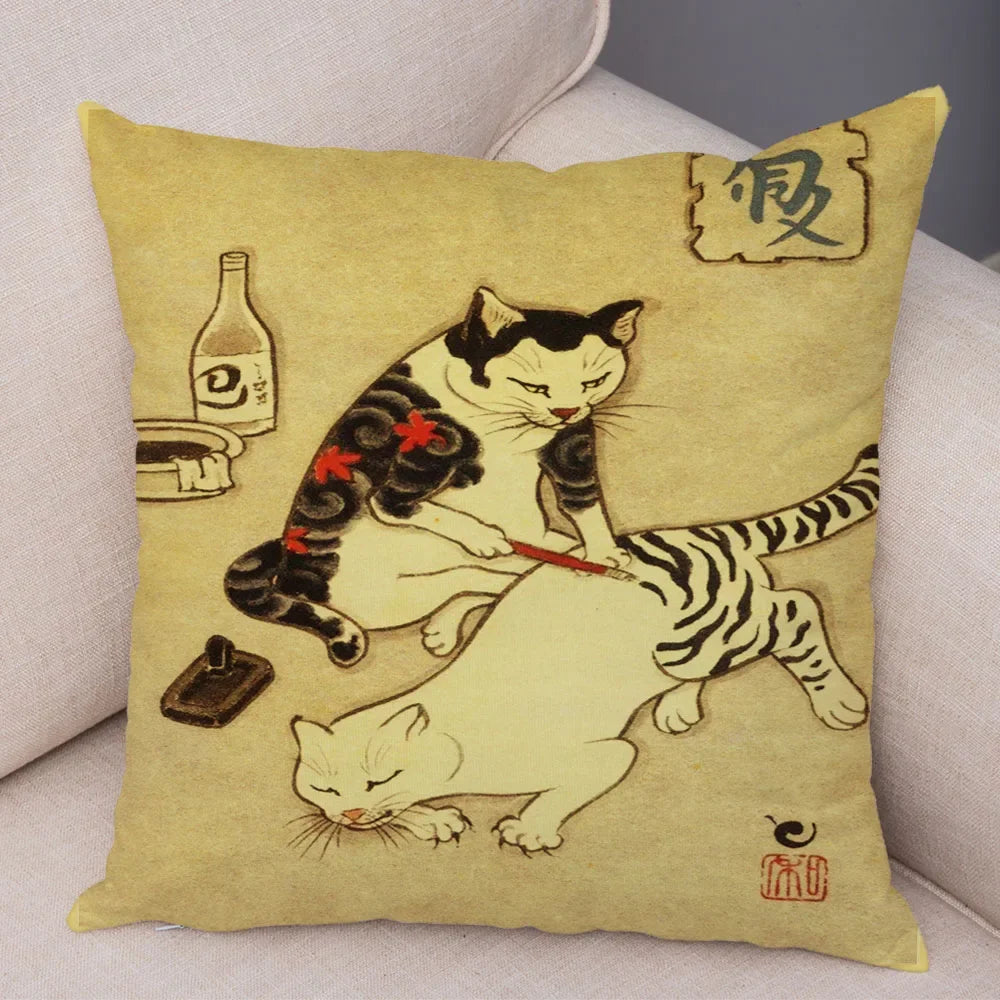 Vintage Japanese Samurai Cat Tattoo Cushion Cover Decor Retro Animal Pillowcase Sofa Home Car