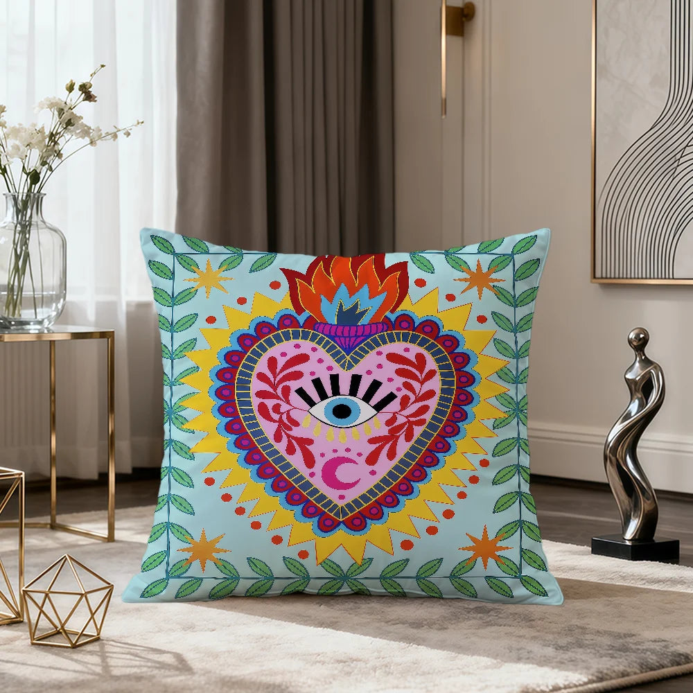 Milagro Sacred Heart Pillow Cover — Mexican Folk Art Cushion Cover