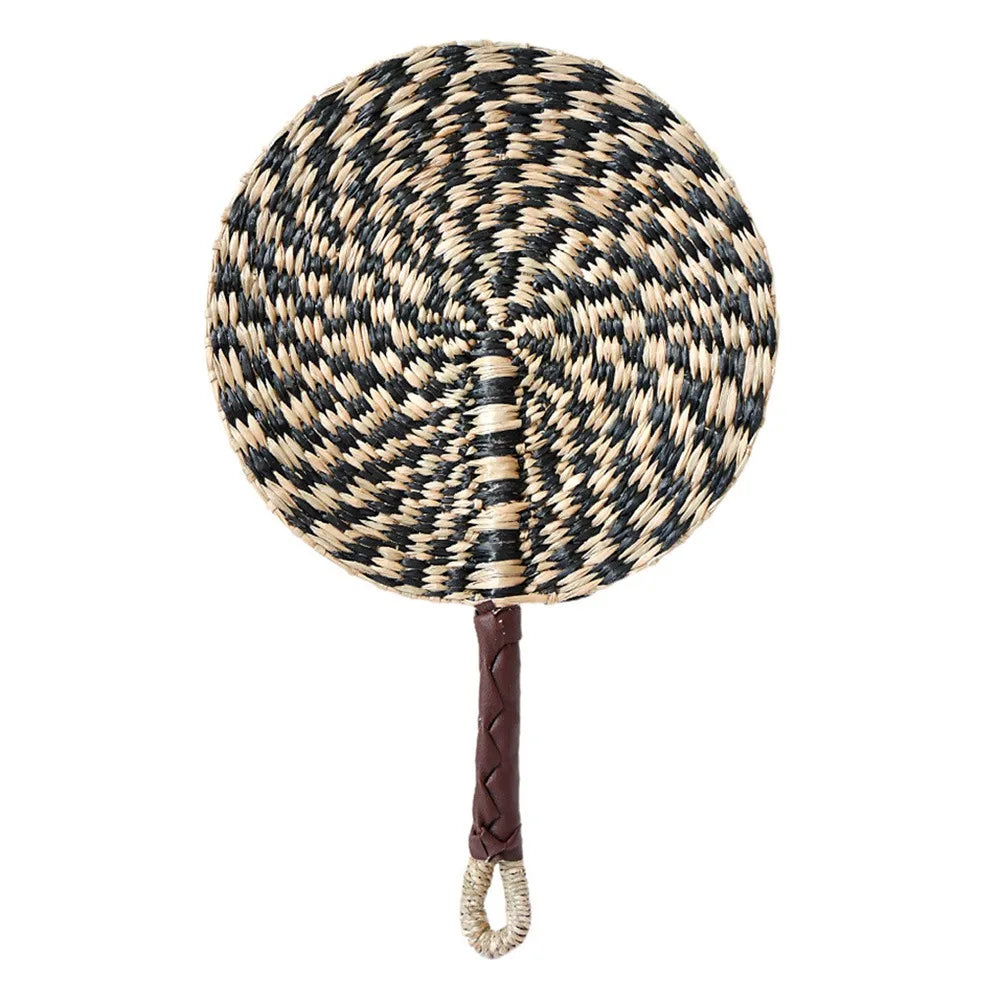 Colorful Striped Patterns Seagrass Woven Fan Bohemian Anti-Mosquito Hand Braided Fan Portable Natural Cattail Fan School/Office