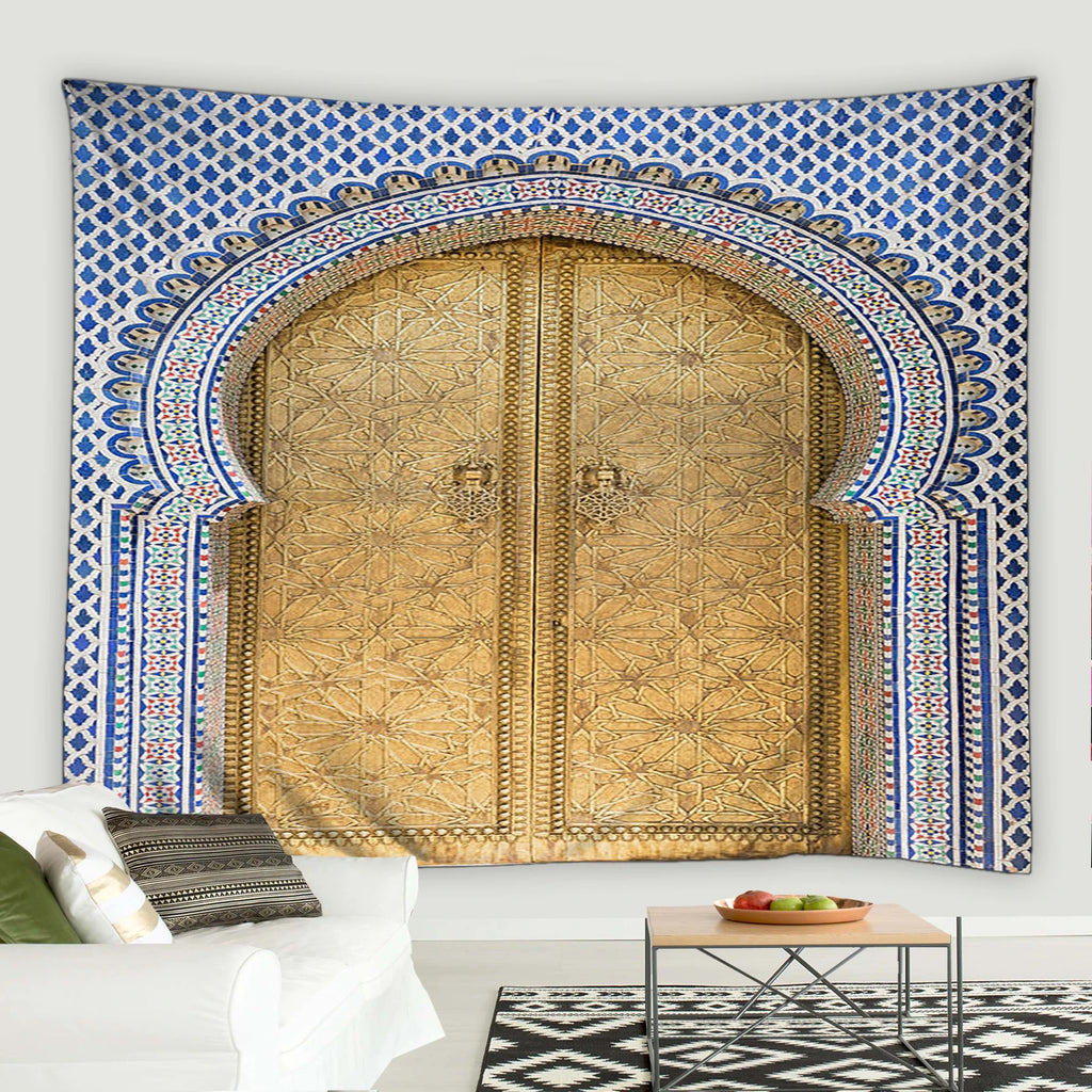 Blue Moroccan Arch Tapestry — Islamic Geometric Wall Hanging