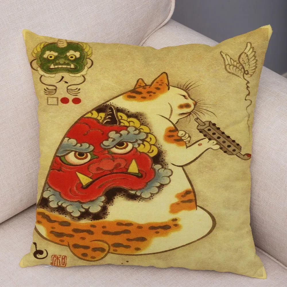 Vintage Japanese Samurai Cat Tattoo Cushion Cover Decor Retro Animal Pillowcase Sofa Home Car