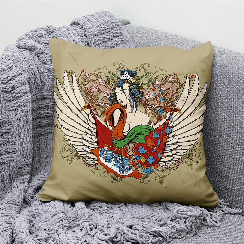 Lucky Cat Japanese Style Sofa Bed Decorative Pillow Cover Home Decor Mount Fuji  Art Cushion