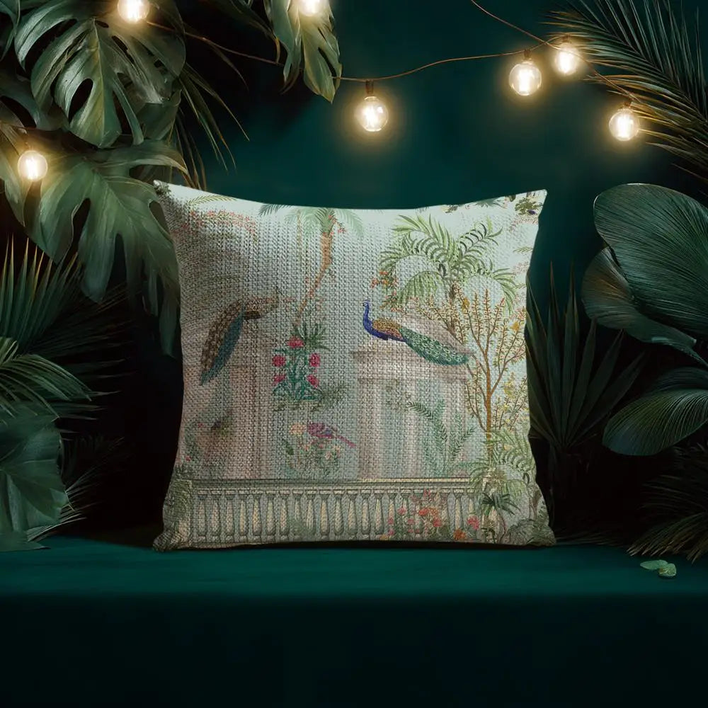 Taj Mahal Peacock Garden Cushion Cover — Mughal-Inspired Decorative Pillowcase