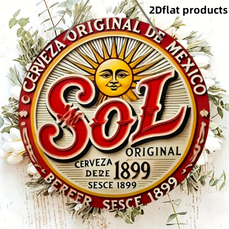 Vintage Sol Cerveza Metal Sign — Retro Mexican Bar Wall Art, 1899 Sun Logo Plaque