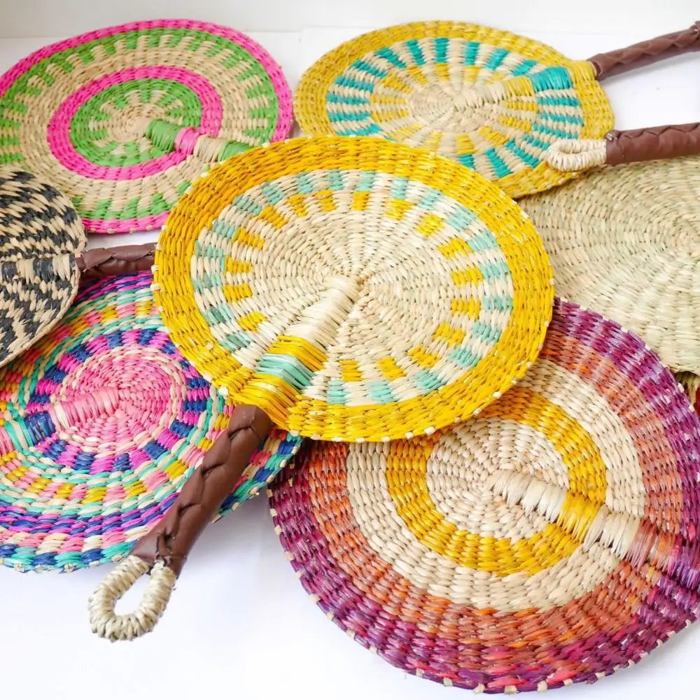 Handwoven Seagrass Fan — Boho Striped Décor
