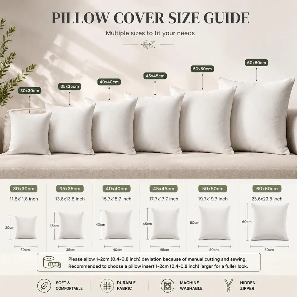 Pillow cover size guide, 30 to 60 cm