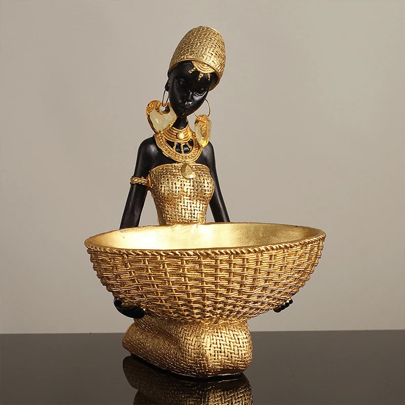 African Woman Vessel Sculpture — Black & Gold Resin Décor