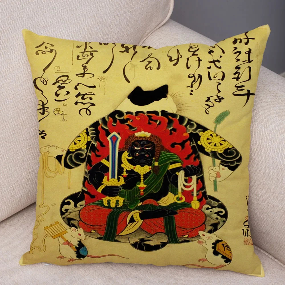 Vintage Japanese Samurai Cat Tattoo Cushion Cover Decor Retro Animal Pillowcase Sofa Home Car