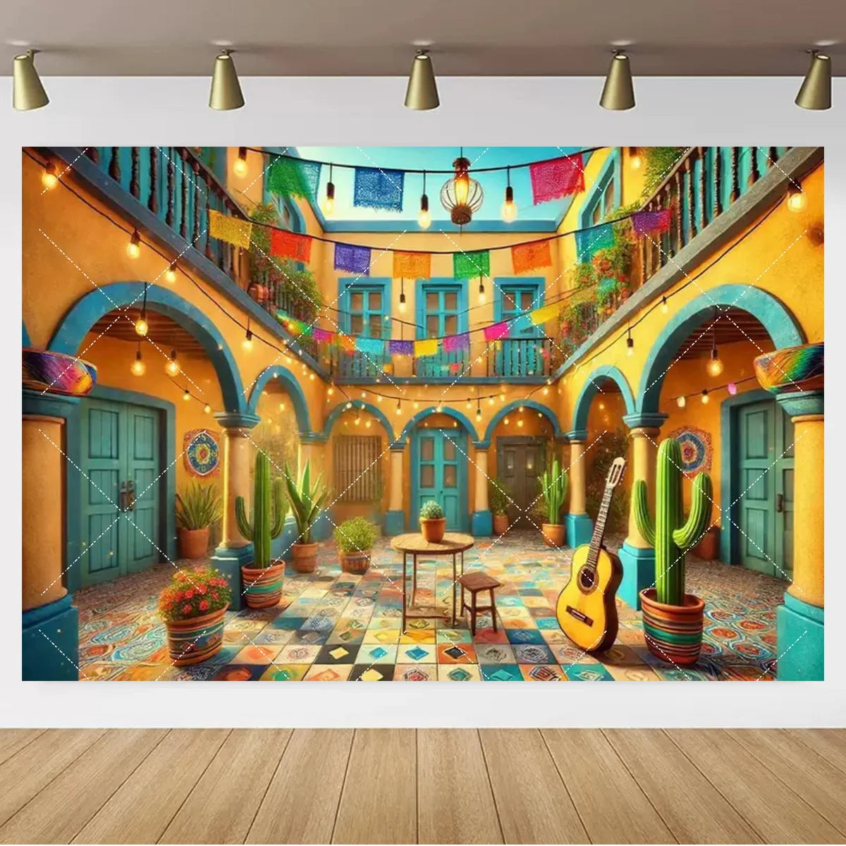 Mexican Fiesta Photo Backdrop — Cinco de Mayo Cactus & Guitar Party Banner