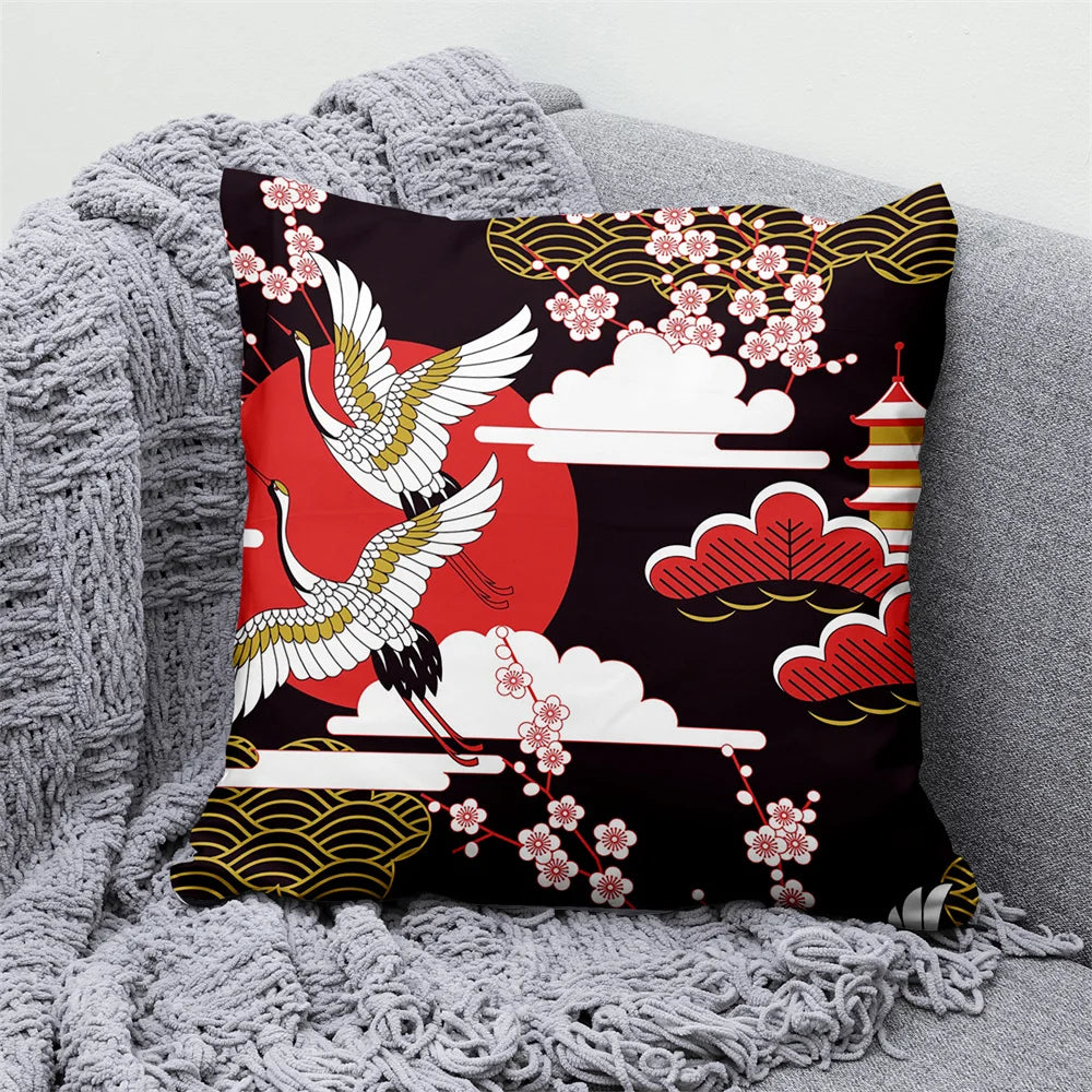Lucky Cat & Mount Fuji Cushion Cover — Japanese Art Pillow