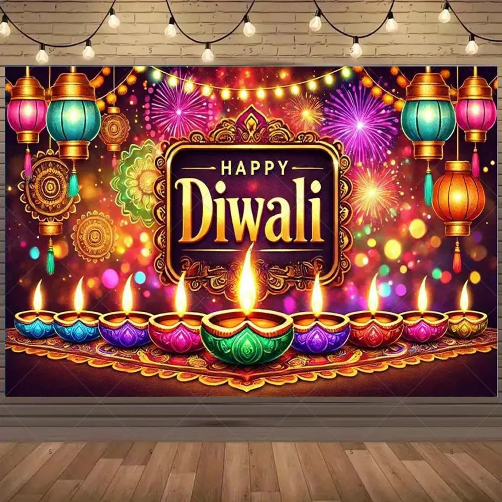 Happy Diwali Backdrop — Diya & Lotus Festival Photo Banner, 25 Designs