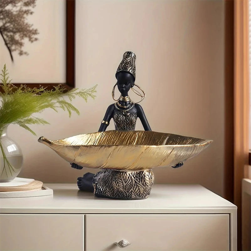 African Woman Vessel Sculpture — Black & Gold Resin Décor
