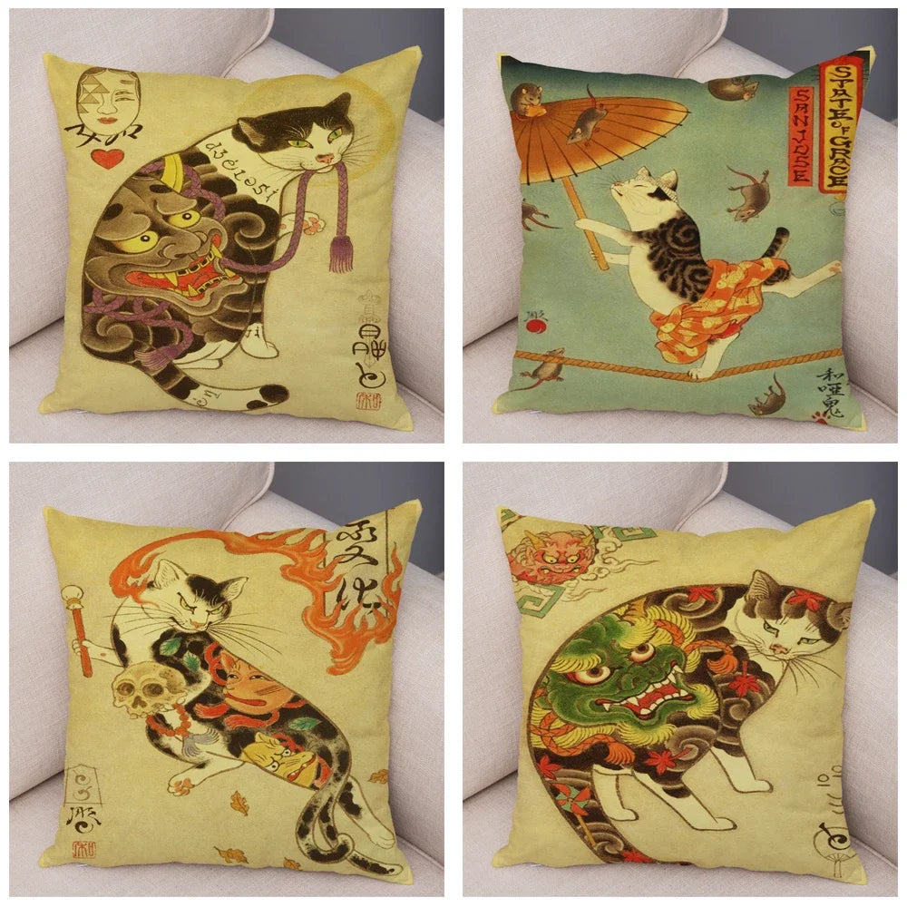 Vintage Japanese Samurai Cat Tattoo Cushion Cover Decor Retro Animal Pillowcase Sofa Home Car