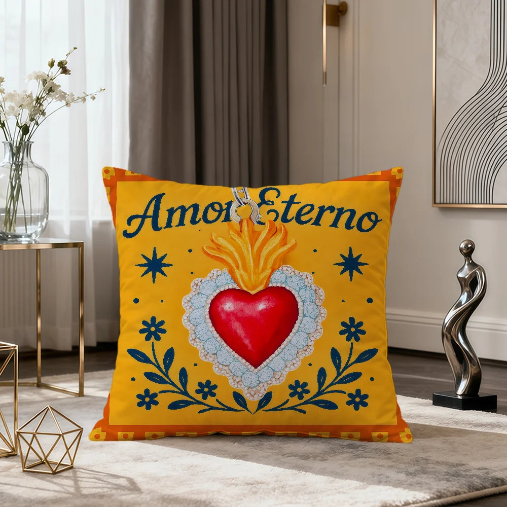 Milagro Sacred Heart Pillow Cover — Mexican Folk Art Cushion Cover