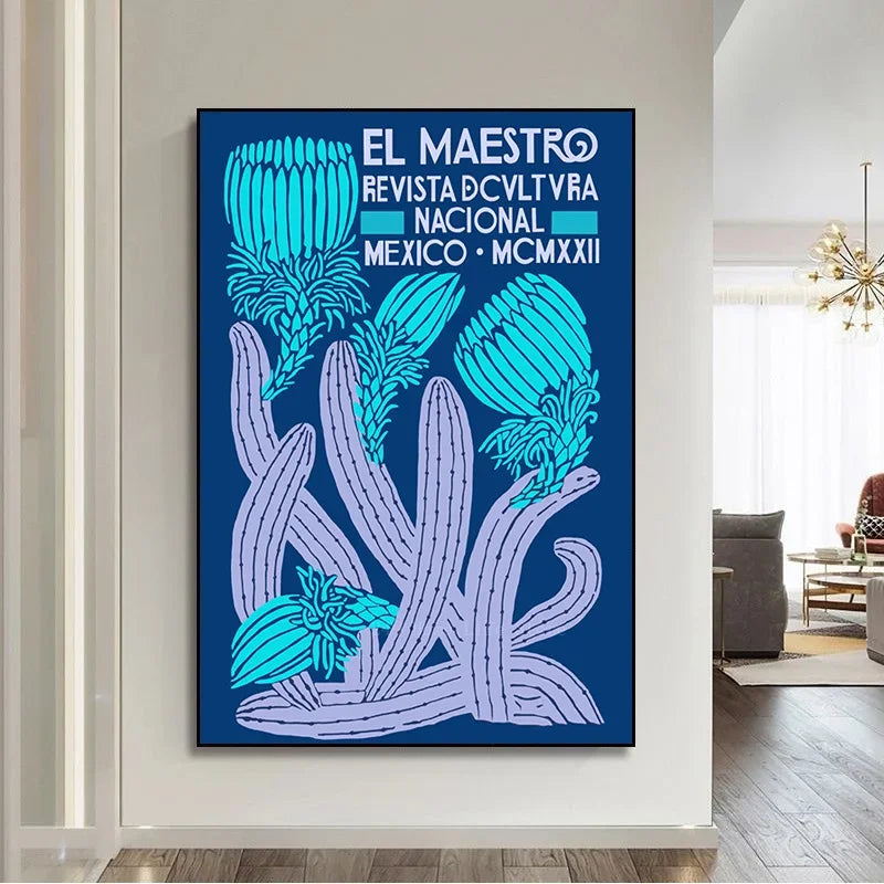 Design 2: El Maestro cactus bloom vintage Mexican poster in cobalt blue