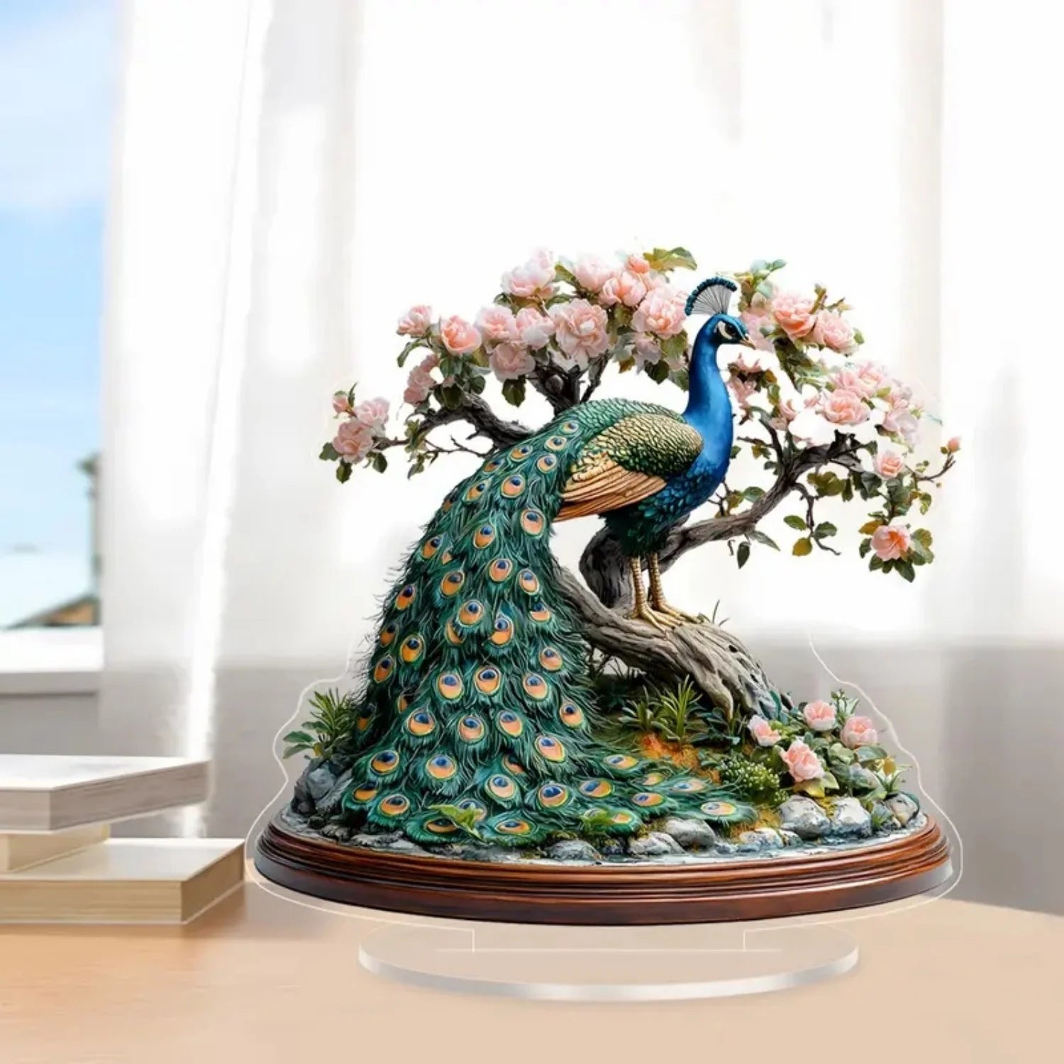 Decorative Acrylic Peacock Figurine — Jeweled Tabletop Ornament