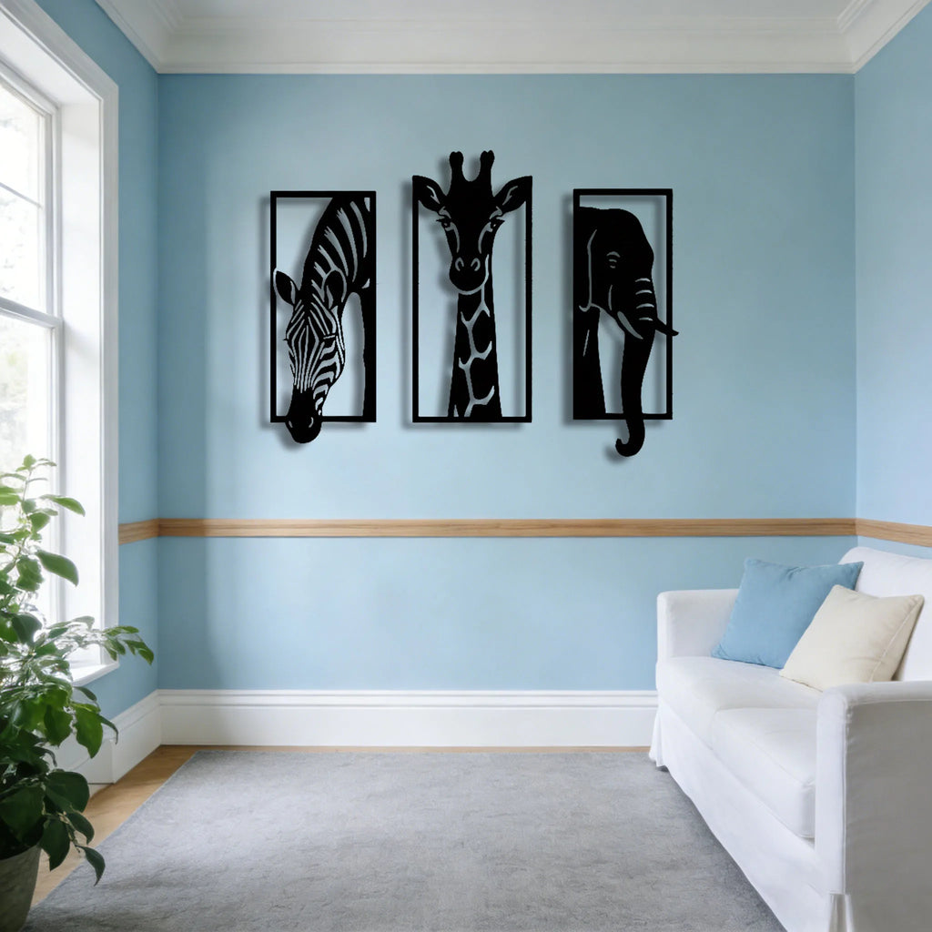 Safari Animal Metal Wall Art Set — 3-Piece Elephant, Giraffe & Zebra Décor